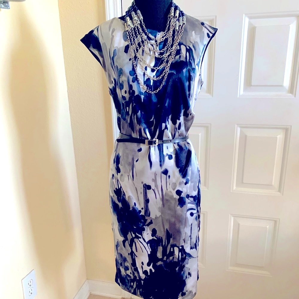 Jones NY Navy And Silver Silk Cap Sleeves Sheath Dress Size 6